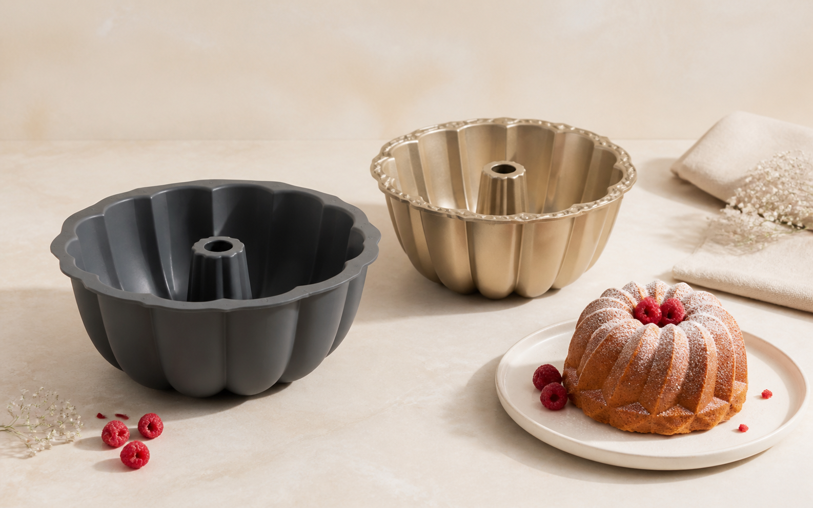 Silicone and metal baking molds with a bundt cake